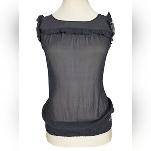 Guess Y2K Sheer Black Ruffle Trim Silk Blouse With Exposed Zipper Detail